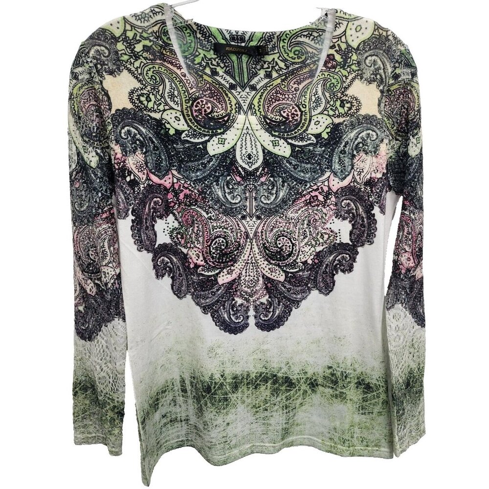 Radzoli Womens Wearable Art Top Medium Multi Paisley Lace Sleeve Rhinestones Tee